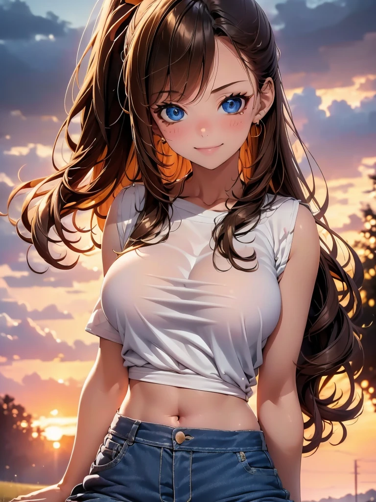 1girl, solo, beautiful girl, brunette skin, blue eyes, detailed anime style, perfect anatomy, perfect hands, narrow waist, medium breasts, long hair, brown hair, high ponytail, asymmetrical bangs, blue eyes, detailed eyes, blush, emerald earrings, orange shirt, denim skirt, cleavage, navel, midriff, smile, standing, perfect hands, arm up, woods, cabin, sunset, orange sky, clouds, outdoors, underboobs, ice cream, holding ice cream, high quality, high resolution,