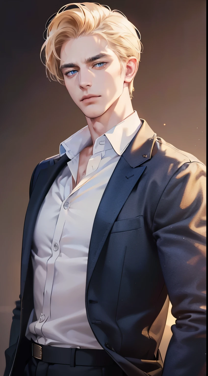 (best quality, masterpiece, 8K, photorealistic, cinematic lighting, 1:4 hdr image, ultra detailed, beautiful image), a mature man, 34 years very handsome, ((cold expression)), short golden hair, blue eyes, face perfect without mistakes, ((buttoning his jacket, CEO))