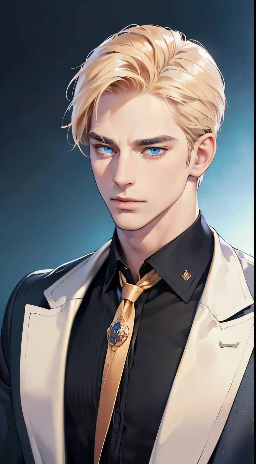 (best quality, masterpiece, 8K, photorealistic, cinematic lighting, 1:4 hdr image, ultra detailed, beautiful image), a mature man, 34 years very handsome, ((cold expression)), short golden hair, blue eyes, face perfect without mistakes, ((buttoning his jacket, CEO))