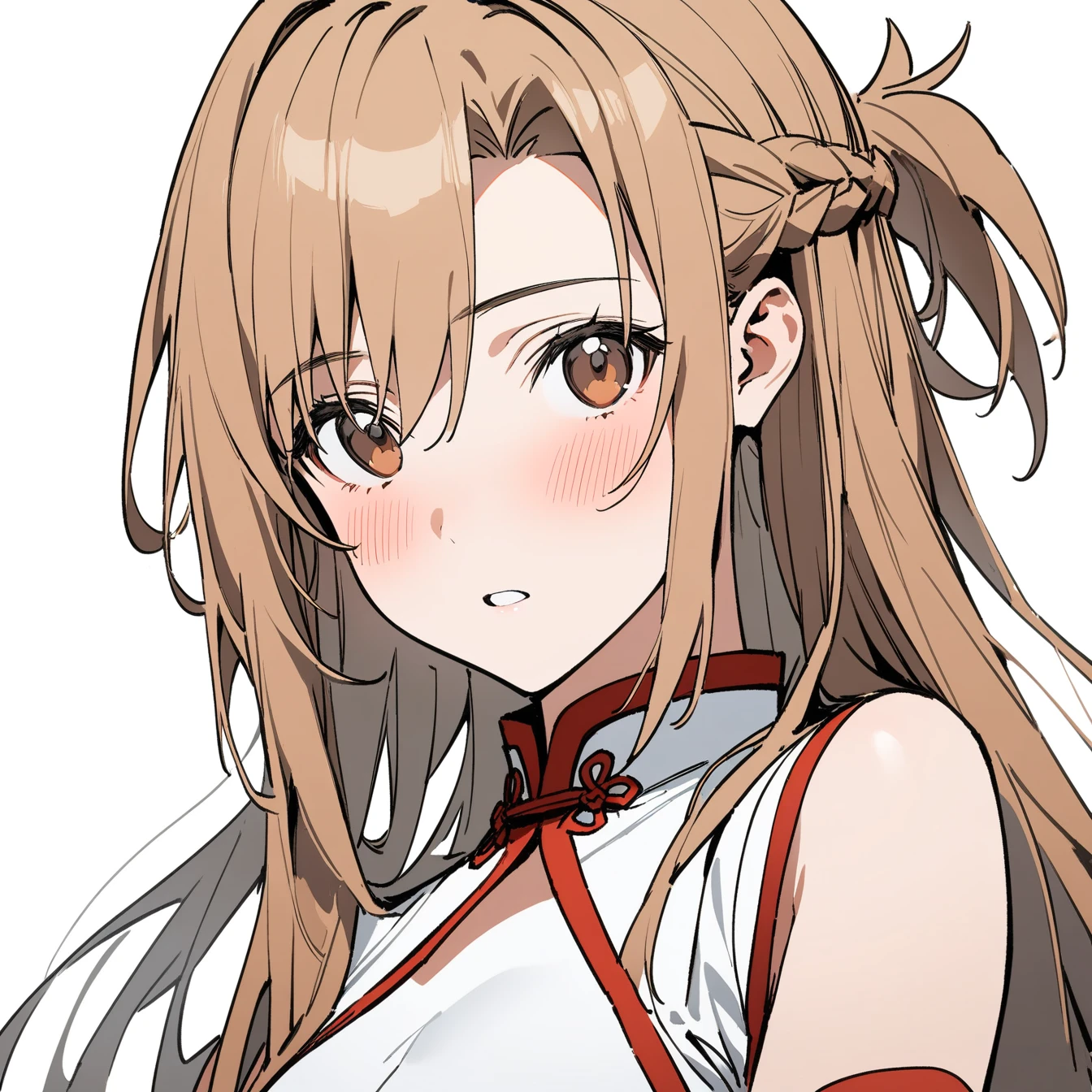 1 Girl, Asuna \(Star\), Sword Art Online,独奏, Viewers, Pure white background,blush, Brown eyes,breathe, avatar,Half Body,Colorless comic style,angle, masterpiece, best quality,Chinese clothing,Black, White and Gray