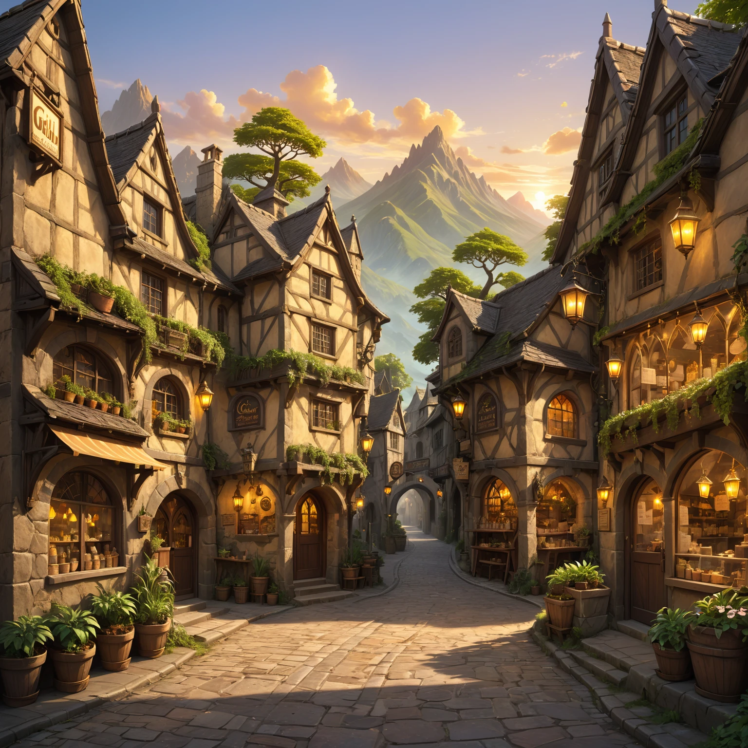 anime background, anime wallpaper, anime, anime style, lofi, lofi style, medieval street, mountains, uphill, medieval architecture, medieval convenience store, big retro medieval shop signs, retro medieval store, trees, plants, rocks, plant pots, shop signs, medieval banners like (guild, blacksmith, alchemist, restaurant), medieval signs, flags, sunrise, golden hour, golden lighting, empty street, no one in sight (no one: 1)