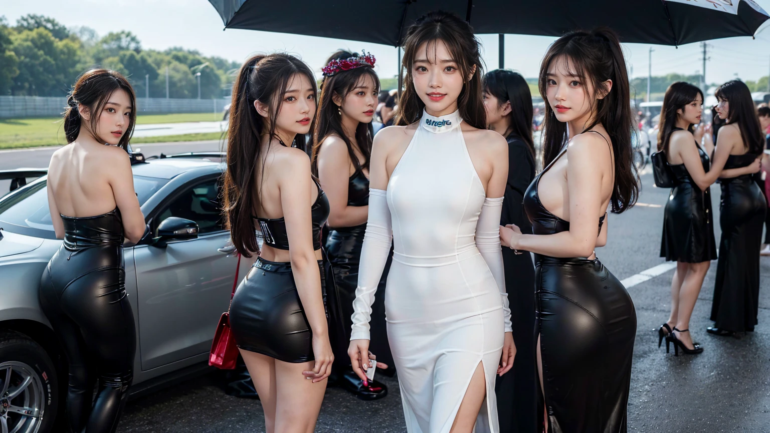 (Highest quality、Ultra-high definition images、32K、masterpiece:1.3)、(Beautiful woman:1.2)、(8 girls:1.3)、(Full body photo)、(Photo from behind)、(Grid Girls、Race Queen)、circuit、umbrella、Racing Car、ponytail、Highly detailed face、Lips Detail、Detailed Eyes、double eyelid、Saggy breasts、Happy smile、Bright photo