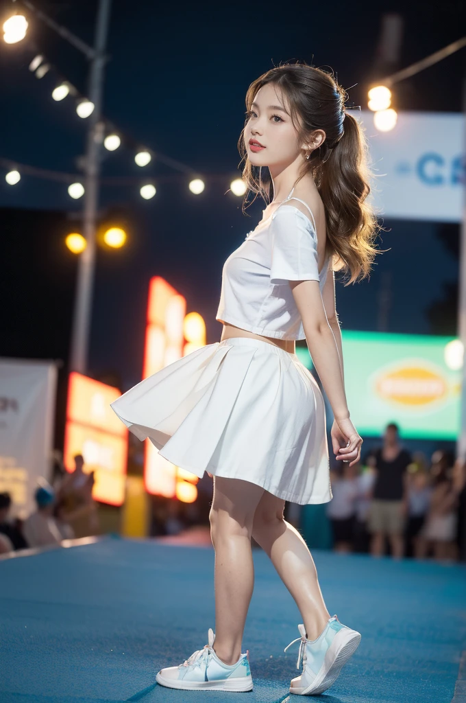 (((best quality))), (((ultra detailed))), (((masterpiece))), illustration,((a beautiful girl,solo)),(shoulder length straight hair:1.2),((slim,thin)),((small breasts,flat chest,claviclis,navel)),(blue short-sleeved white shirt:1.5),(blue mini-skirt:1.3),(slender legs:1.2),(sneakers:1.3),(standing:1.3),(on a stage:1.3),((outside a shopping mall, at the entrance of a beer promotional event)), ((surrounded by crowded crowds)),((her hair and the edges of her skirt fluttering in the air)), the girl's attire reflecting the vibrant spirit of summer, a sense of youthful charm and confidence exuding from her, her hair flows freely in the wind, the fluttering skirt accentuating her graceful movements, her expressive eyes and infectious smile drawing people closer, the stage adorned with colorful decorations, the vibrant atmosphere enhanced by the enthusiasm of the crowd, onlookers of various ages captivated by her performance, clapping, cheering, and taking photos, the girl's graceful dance transforming the ordinary streets into a vibrant and lively venue, her energy and charisma captivating the audience, the scene encapsulating the spirit of summer and the beauty of artistic expression,(night scene:1.3),(from front:1.3),(arms behind back:1.3),(full body:1.3)