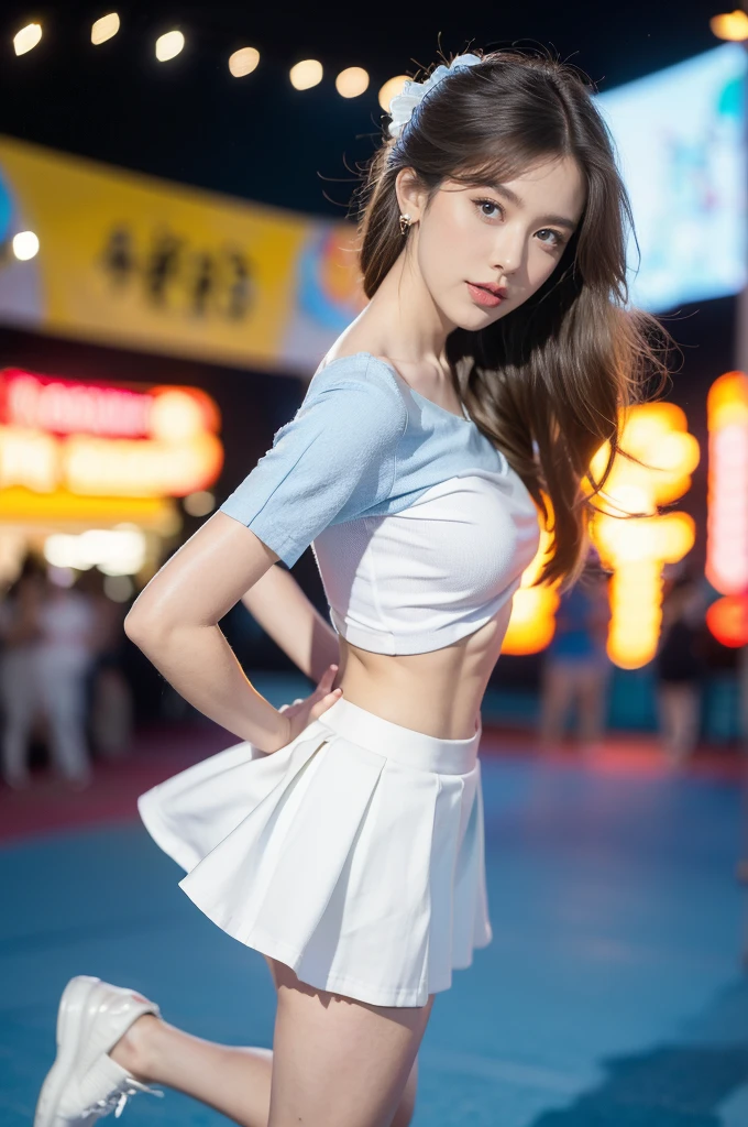 (((best quality))), (((ultra detailed))), (((masterpiece))), illustration,((a beautiful girl,solo)),(shoulder length straight hair:1.2),((slim,thin)),((small breasts,flat chest,claviclis,navel)),(blue short-sleeved white shirt:1.5),(blue mini-skirt:1.3),(slender legs:1.2),(sneakers:1.3),(standing:1.3),(on a stage:1.3),((outside a shopping mall, at the entrance of a beer promotional event)), ((surrounded by crowded crowds)),((her hair and the edges of her skirt fluttering in the air)), the girl's attire reflecting the vibrant spirit of summer, a sense of youthful charm and confidence exuding from her, her hair flows freely in the wind, the fluttering skirt accentuating her graceful movements, her expressive eyes and infectious smile drawing people closer, the stage adorned with colorful decorations, the vibrant atmosphere enhanced by the enthusiasm of the crowd, onlookers of various ages captivated by her performance, clapping, cheering, and taking photos, the girl's graceful dance transforming the ordinary streets into a vibrant and lively venue, her energy and charisma captivating the audience, the scene encapsulating the spirit of summer and the beauty of artistic expression,(night scene:1.3),(from front:1.3),(arms behind back:1.3),(full body:1.3)