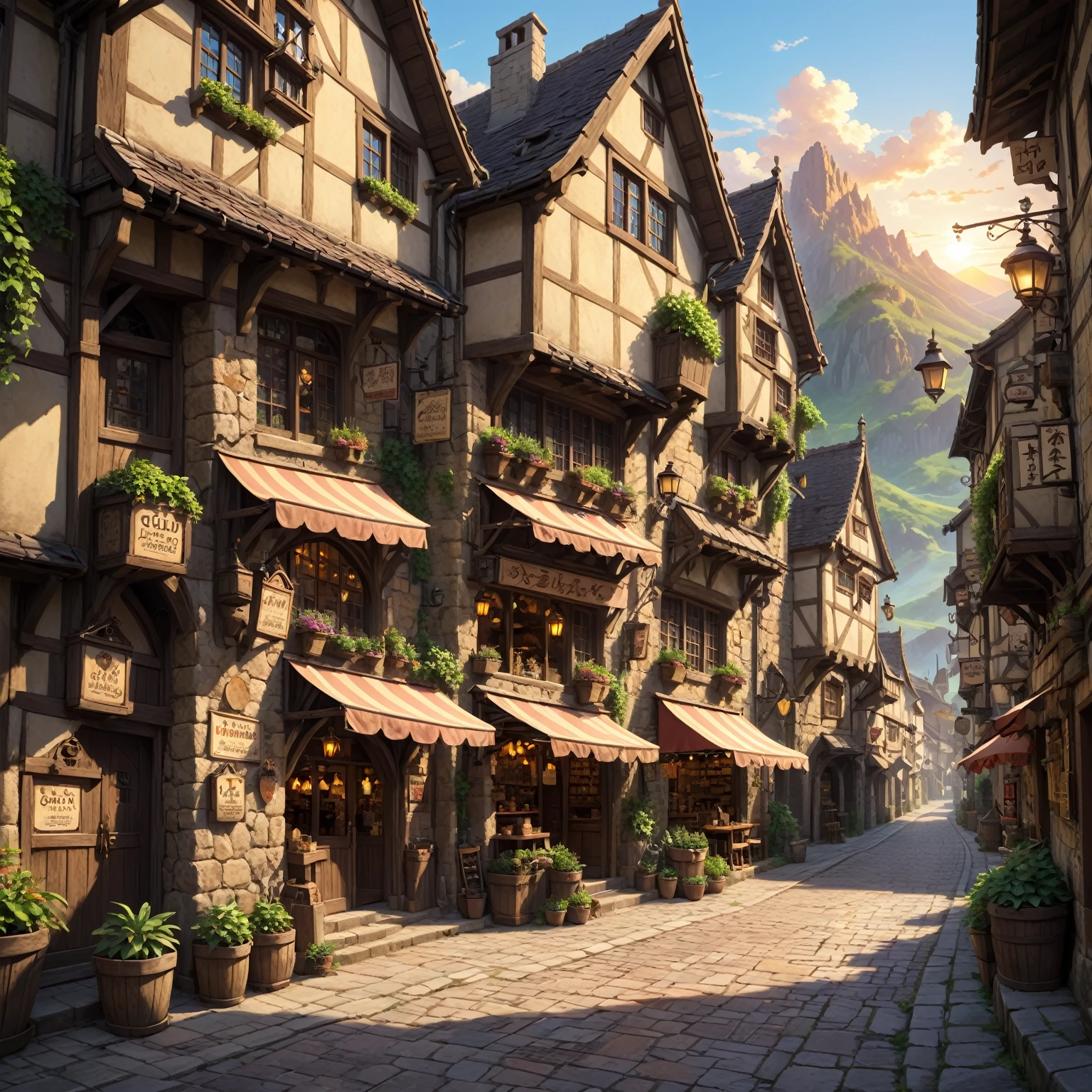anime background, anime wallpaper, anime, anime style, lofi, lofi style, medieval street, mountains, uphill, medieval architecture, medieval convenience store, big retro medieval shop signs, retro medieval store, trees, plants, rocks, plant pots, shop signs, medieval banners like (guild, blacksmith, alchemist, restaurant), medieval signs, flags, sunrise, golden hour, golden lighting, empty street, no one in sight (no one: 1)