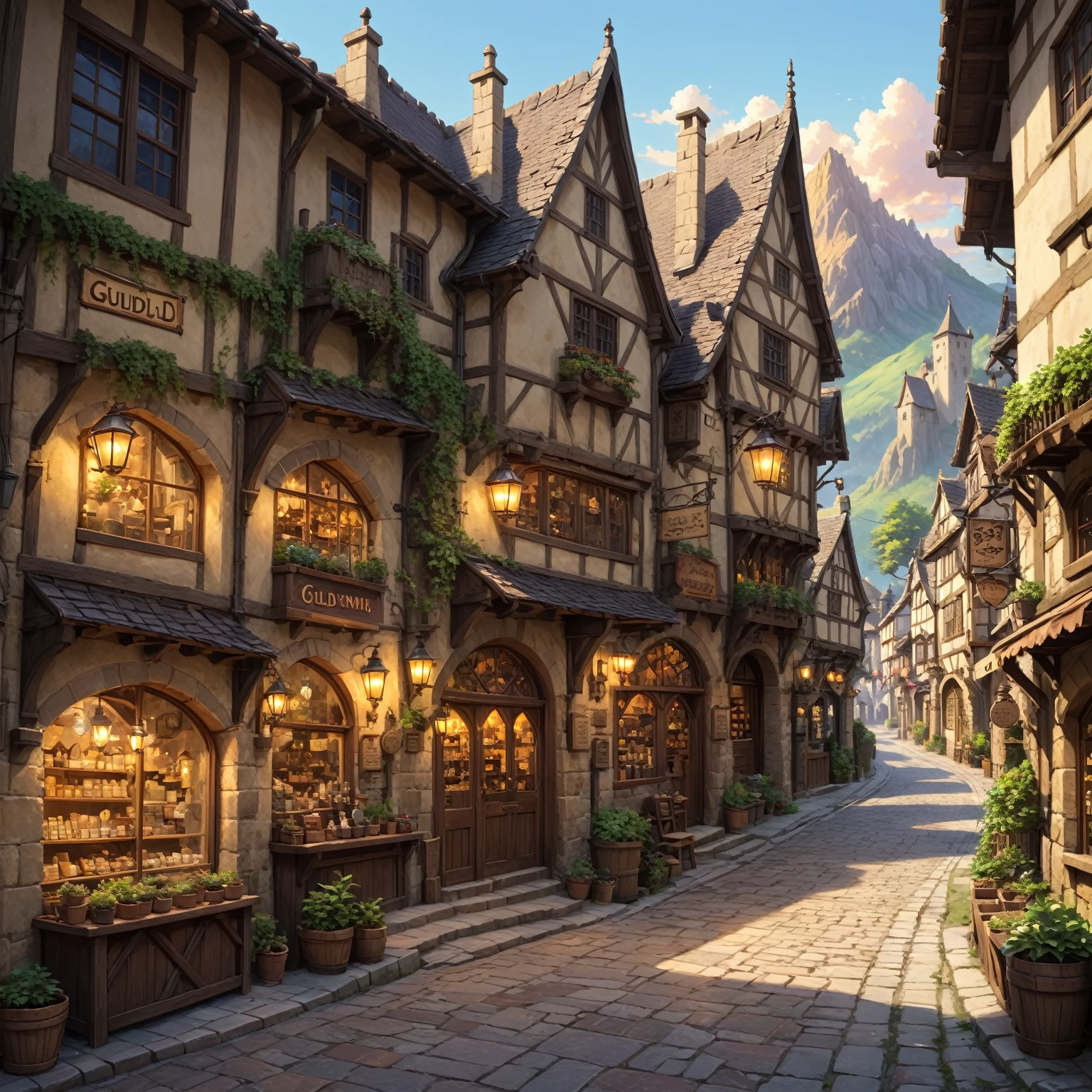 anime background, anime wallpaper, anime, anime style, lofi, lofi style, medieval street, mountains, uphill, medieval architecture, medieval convenience store, big retro medieval shop signs, retro medieval store, trees, plants, rocks, plant pots, shop signs, medieval banners like (guild, blacksmith, alchemist, restaurant), medieval signs, flags, sunrise, golden hour, golden lighting, empty street, no one in sight (no one: 1)