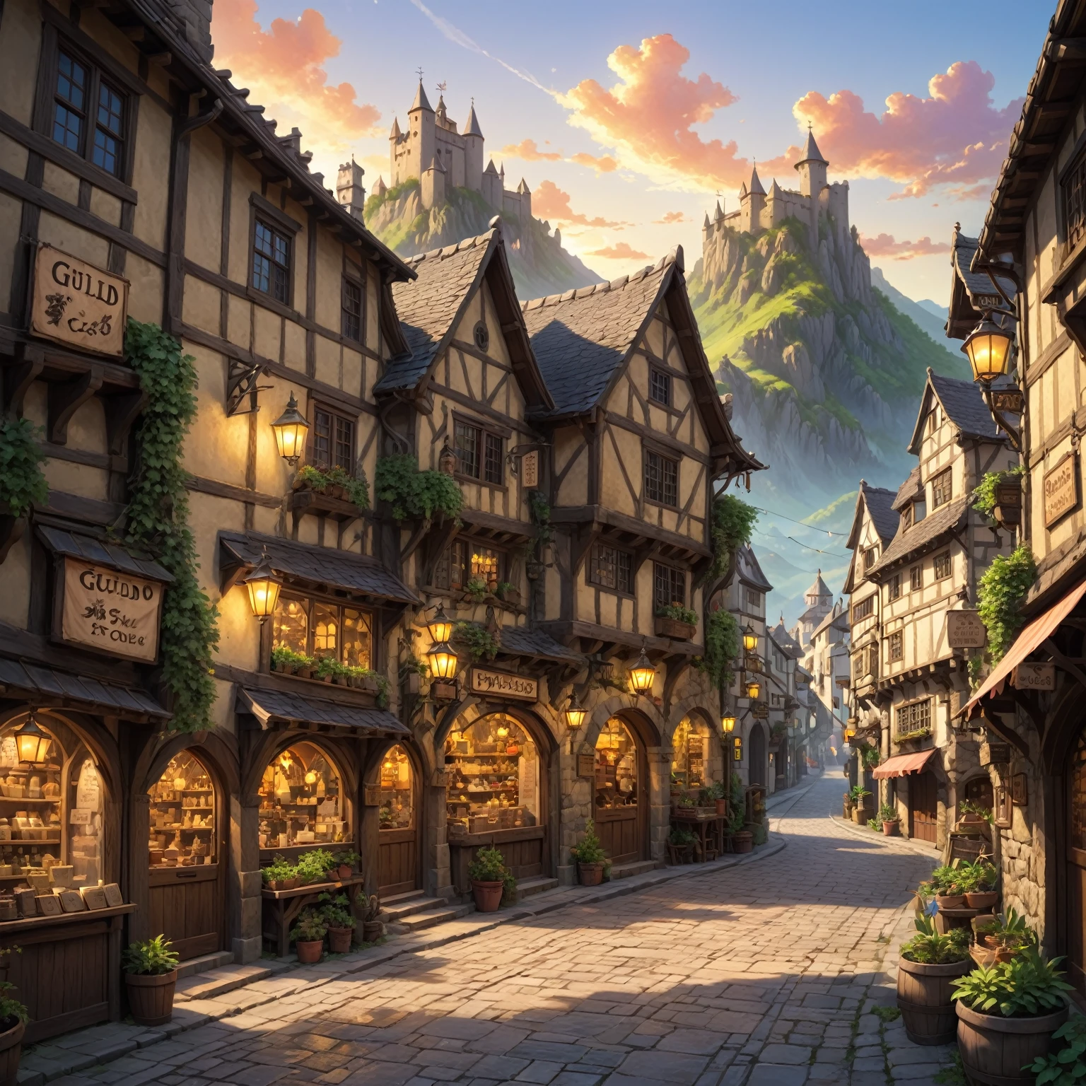 anime background, anime wallpaper, anime, anime style, lofi, lofi style, medieval street, mountains, uphill, medieval architecture, medieval convenience store, big retro medieval shop signs, retro medieval store, trees, plants, rocks, plant pots, shop signs, medieval banners like (guild, blacksmith, alchemist, restaurant), medieval signs, flags, sunrise, golden hour, golden lighting, empty street, no one in sight (no one: 1)
