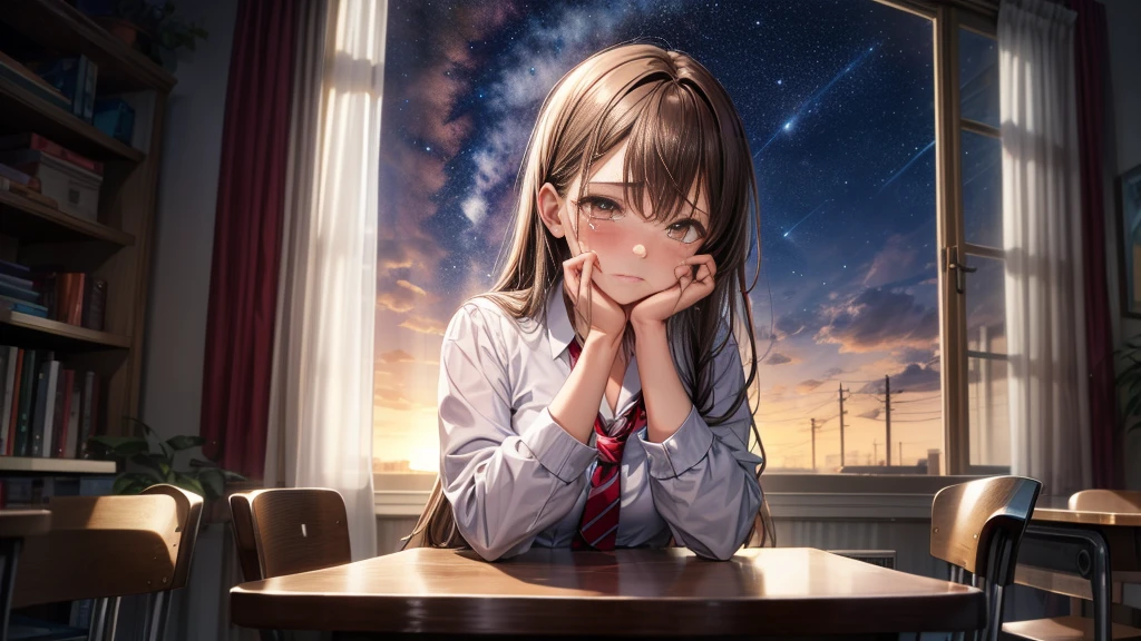 masterpiece, best quality, high quality, detailed, ultra detailed, hyper detailed, insanely detailed, exquisite, beautiful, FHD, Full-HD, 4K, 8K, 16K, highres, absurdres, a girl, sad, crying, streaming tears, wiping tears, looking down, semi long, brown hair, brown eyes, pale skin, , Sad Scene, in the classroom, with a starry sky, with a nebula, in the evening, beautiful