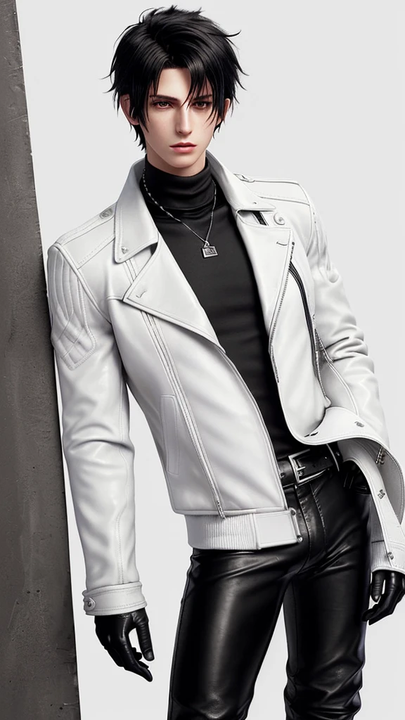 Final fantasy taste and reality graphics, Japanese young cute and cool ikemen  boy, his age is early 20s, thin eyebrows and beady eyes,  ((he wearing off white color leather  thick material jacket)), ((jacket is singlebrest)), biker style jacket, with epaulet, jacket is long sleeve, ((must close the front of the leather jacket)), , ((voluminous leather jacket)), ,((must jacket is high length and stand-up collar)) ((jacket collar with two belts)), ((jacket is a little black color line pattern)),((close the front of the jacket)), ((also wearing black thick material turtleneck lackluster shirts)),  ((tight black leather pants)),  ((must black leather tight and thin glove)), ((black leather knee-high raceup boots)),((must views  head-to-toe)),((must views whole body)), ,((Do not show skin from the neck down)),leather jacket leather glove and leather pants have few wrinkles,boy in the prison room, Avoid showing your innerwear,zip up jacket fastner.
Boy touching owns private parts with right hand.
Bous face is expression of ecstasy.
Boy is black hair.boy looks like fashion model.