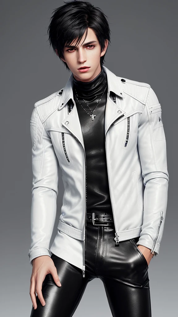 Final fantasy taste and reality graphics, Japanese young cute and cool ikemen boy, his age is early 20s, thin eyebrows and beady eyes, ((he wearing off white color leather thick material jacket)), ((jacket is singlebrest)), biker style jacket, with epaulet, jacket is long sleeve, ((must close the front of the leather jacket)), , ((voluminous leather jacket)), ,((must jacket is high length and stand-up collar)) ((jacket collar with two belts)), ((jacket is a little black color line pattern)),((close the front of the jacket)), ((also wearing black thick material turtleneck lackluster shirts)), ((tight black leather pants)), ((must black leather tight and thin glove)), ((black leather knee-high raceup boots)),((must views head-to-toe)),((must views whole body)), ,((Do not show skin from the neck down)),leather jacket leather glove and leather pants have few wrinkles,boy in the prison room, Avoid showing your innerwear,zip up jacket fastner.
Boy touching owns private parts with right hand.
Bous face is expression of ecstasy.
Boy is black hair.boy looks like fashion model.