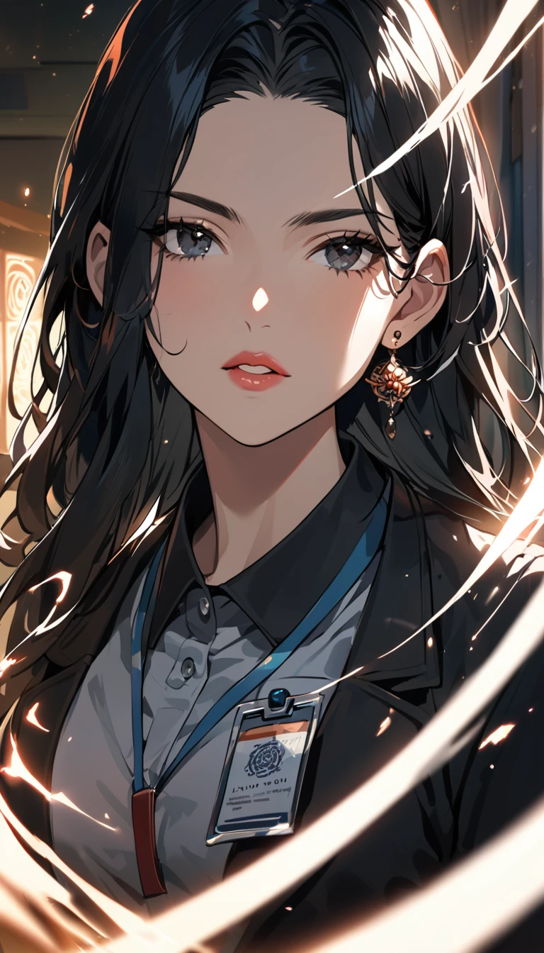 1woman,matured face,curtain hair forehead(long black hair),eyes,black eyes,teacher,teacher outfit, beautiful, colourful classroom background,standing attentive pose, neutral,stoic,wearing an ID card,earrings,juicy full lips,magic circle in the background, portrait , cinematic lighting,