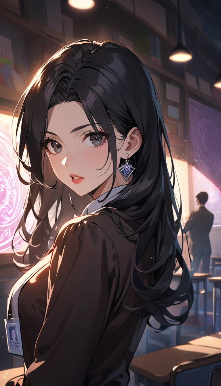 1woman,matured face,curtain hair forehead(long black hair),eyes,black eyes,teacher,teacher outfit, beautiful, colourful classroom background,standing attentive pose, neutral,stoic,wearing an ID card,earrings,juicy full lips,magic circle in the background, portrait , cinematic lighting,