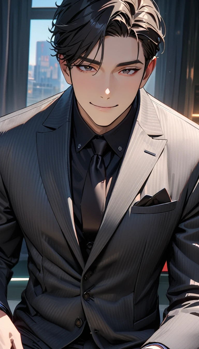 modern, Verism, masterpiece, textured skin, super detail, best quality, 4K,A handsome man with short black hair is wearing a charcoal gray suit. He has a kind and sincere smile.