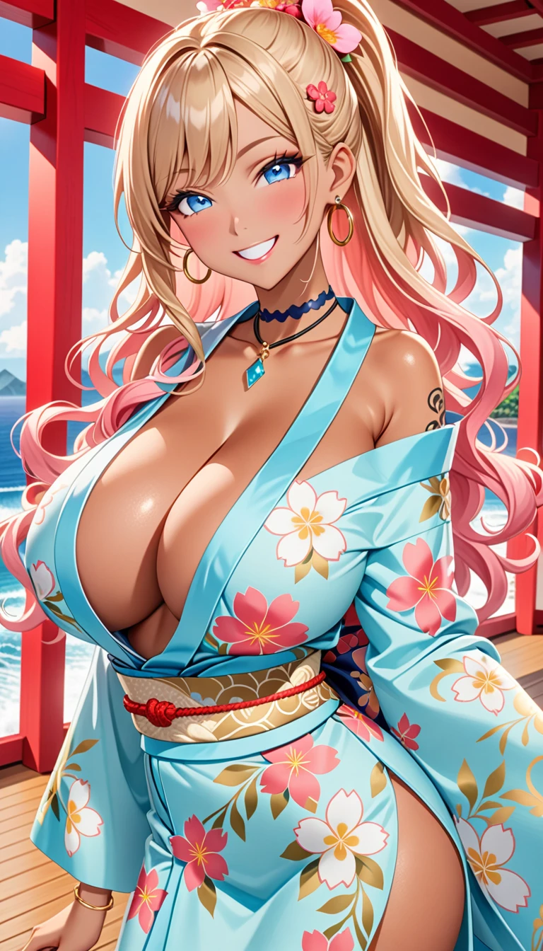 ultra-detailed, ((one girl)), (portrait), (tan skin:1.5), in pastel colors gyaru, (heavy makeup), (professional lighting) hyper detailed, absurdres, 8k, Beautiful Face, (Laugh shyly), ((teasing smile:1.6)), ((happy smile:1.5)), ((Wink:1.5)), (Laugh with your mouth wide open),((Tilt your face:1.6)), View your viewers, ((Bright red cheeks:1.6)),Glossy shocking pink lips, ((huge breasts:1.6)), (undressing), ((Her tattoo peeked through her kimono:1.2)), noon, summer, Luxury resort with ocean view, ((Anime style background)),masterpiece, Highest quality, (Brighten your face), so beautiful,Latest, Complex details, ((fluorescent pink long nail:1.2)), (ring),(bracelet), (Floral Choker),AI-generated, Complex,High resolution, Highest quality, super high quality,3D Images、3D Images,One person, (blond long hair), (High Ponytail), (wavy hair:1.4), Anime woman posing for a photo, ((Fine grain、blue eyes、glowing eyes:1.4)), (Squint your eyes:1.1),a hyperRealistic , hyperRealistic , Realistic,Anime woman with long honey blonde hair, Smooth anime CG art, A girl in a gorgeous pastel-colored kimono, ((Pastel-colored furisode)),(Pink large floral pattern), (sideboob), Long flower hair ornament,large gold hoop earrings, Mature Body, tall,Narrow waist, front view, (upper body),
