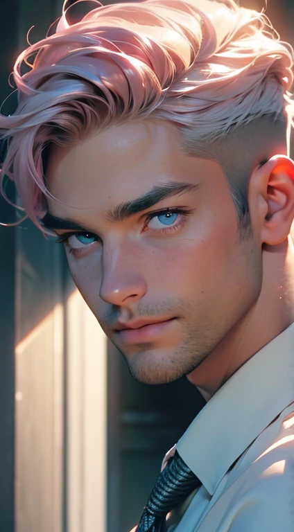 (best quality,4k,8k,highres,masterpiece:1.2),ultra-detailed,(realistic,photorealistic,photo-realistic:1.37),1 man,31 years old,mature man,very handsome,without expression,smile,short grey pink hair,blue eyes,penetrating gaze,perfect face without errors,imposing posture,businessman,office background,cinematic lighting,hdr image