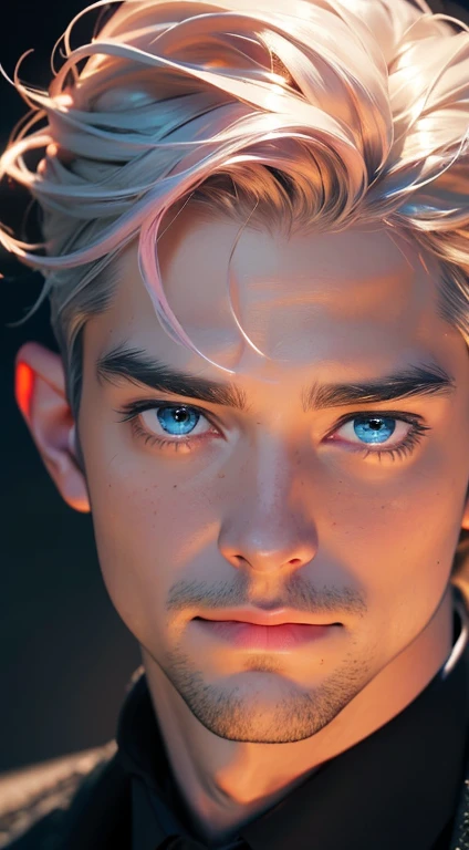 (best quality,4k,8k,highres,masterpiece:1.2),ultra-detailed,(realistic,photorealistic,photo-realistic:1.37),1 man,31 years old,mature man,very handsome,without expression,smile,short grey pink hair,blue eyes,penetrating gaze,perfect face without errors,imposing posture,businessman,office background,cinematic lighting,hdr image
