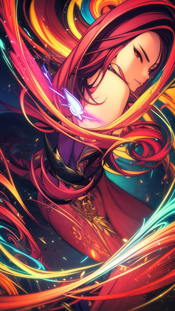 (mascle: 1.1), eyes black, perfil, oriental beauty, (work of art), best qualityer, アニメ, merge, colorfully, swirly vibrant colors, illustration, artwork style, fancy, realisitic, animation, (photoshot_(average):1.0 ), by Antonio J.. Manzanedo, por Jeremy Lipking, lightning strike, in surreal landscapes, Soft, sharp focus