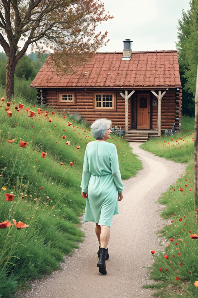 60 year old woman, with loose mint dress, through the long pipe,  happy smile, walking on a path of poppies and calla lilies, on the horizon some rustic cabins 