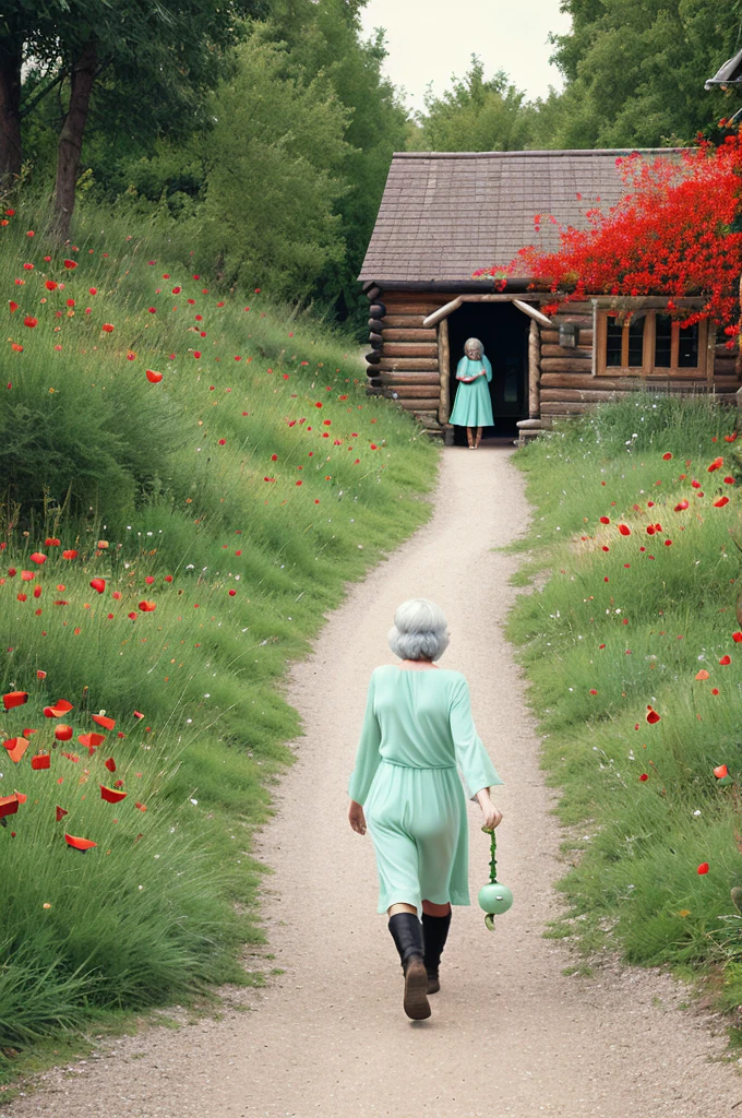 60 year old woman, with loose mint dress, through the long pipe,  happy smile, walking on a path of poppies and calla lilies, on the horizon some rustic cabins 