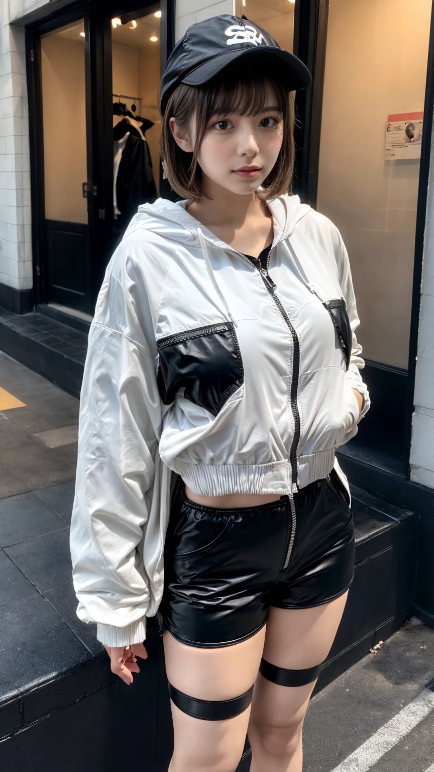 Masterpiece, 8K, award-winning photos, photorealistic, realistic, ultra detailed, ultra high definition, ray tracung, _ the most beautiful, Gravure quality for high-end fashion magazines, 22 years old ,(sexy,Japanese idol, gray hair, short hair),shiny skin , detailed skin , detailed face , perfect anatomy, 1girl
_
BREAK (droopy eyes, Natural makeup:1.2),light color, crying a little, Harajuku style, huge breasts,
_
glowing blue eyes, tan skin,
_
BREAK (black and White theme:1.4), (oversized and baggy black outerwear:1.3), (fusion of black windbreaker and White hoodie:1.4), (black Nylon:1.4), ((zipper, large pocket):1.3), BREAK (black and white :1.2), (black platform high-cut sneakers:1.2),(Black leather short pants),(baseball cap),
Inorganic concrete studio with windows, highly detailed background, , ultra-realistic textures, dramatic lighting ,raw photo, _(dutch angle and curtsey ,on side:1.2), looking at viewer,