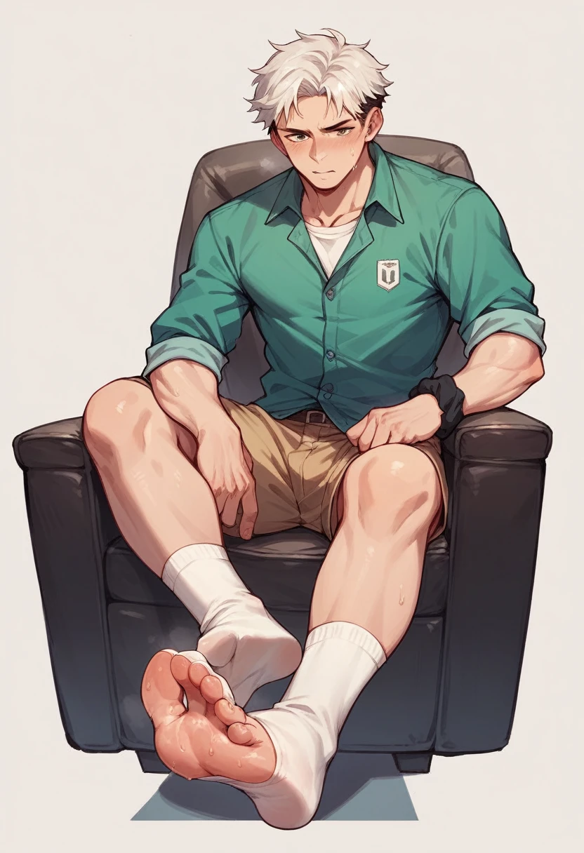 Anime boy Naruto very wet sweaty white socks scrunching his soles under chair so close to the camera rubbing his feet together 