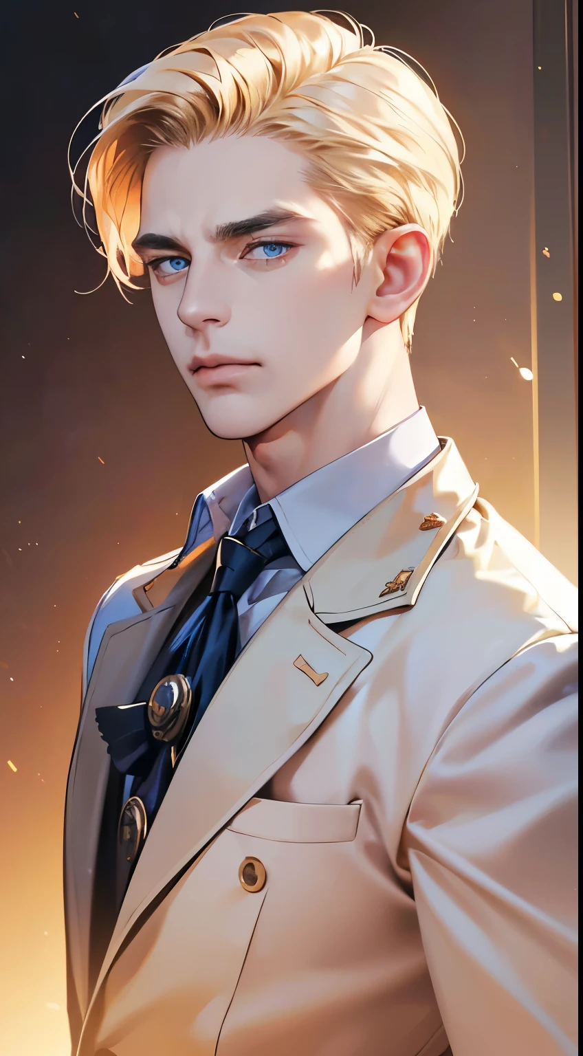 (best quality, masterpiece, 8K, photorealistic, cinematic lighting, 1:4 hdr image, ultra detailed, beautiful image), a mature man, 34 years very handsome, ((cold expression)), short golden hair, blue eyes, face perfect without mistakes, ((buttoning his jacket, CEO))