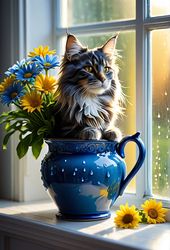 Intricate details, detailed, realism, a close up floral of Blue daisy's bouquet on pot under large window. combination blue mix yellow color. There is a cute fluffy Cat((Mainecoon)) sleeping near a Pot/ vase. The first rays of sunlight in the morning,Dew drops on flowers on the vas,(sunrise,Halo),Beautiful picture,HD Wallpapers,Natural light, dramatic, Source reality, additionally letter "MneverMore" visible at there
