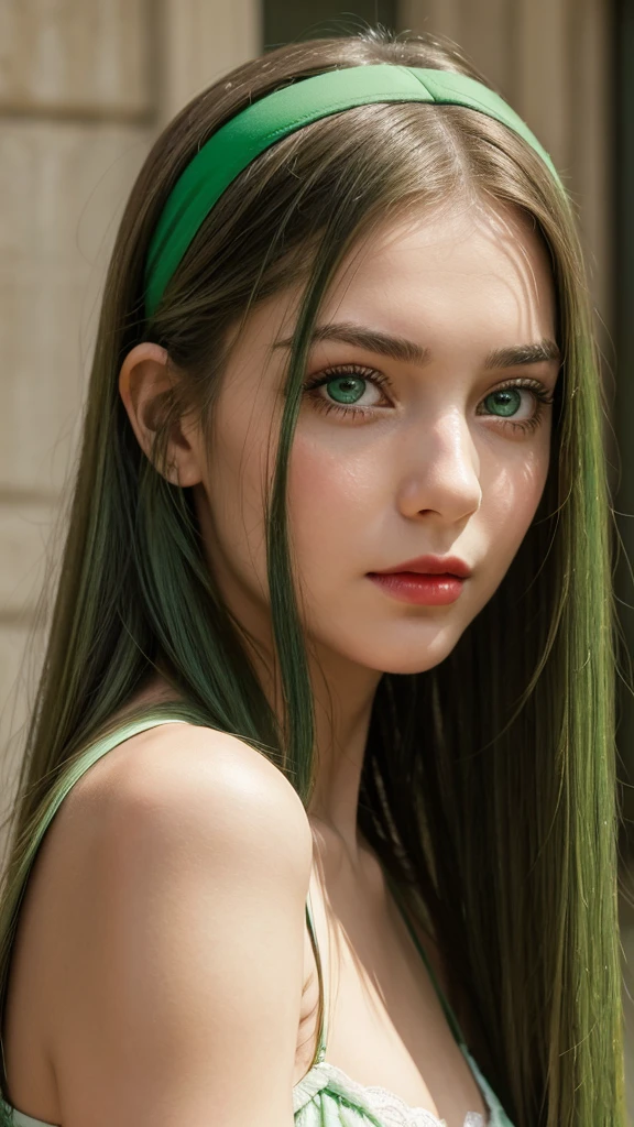 a girl. face sent feeling. Europe. Oval face. long face. delicate facial features. friendly eyes. seductively seductive. green eyes. long straight hair. green hair. hairband. Red lips. expression of harmony. straight face