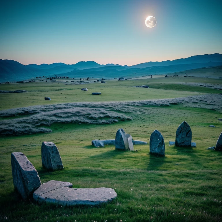 The Moonlit Plains consist of gently rolling hills and expansive meadows, covered in soft, silver-tinted grass that seems to shimmer under the light of the moon. Scattered throughout the plains are ancient stone ruins and mysterious standing stones, hinting at a long-forgotten civilization.
