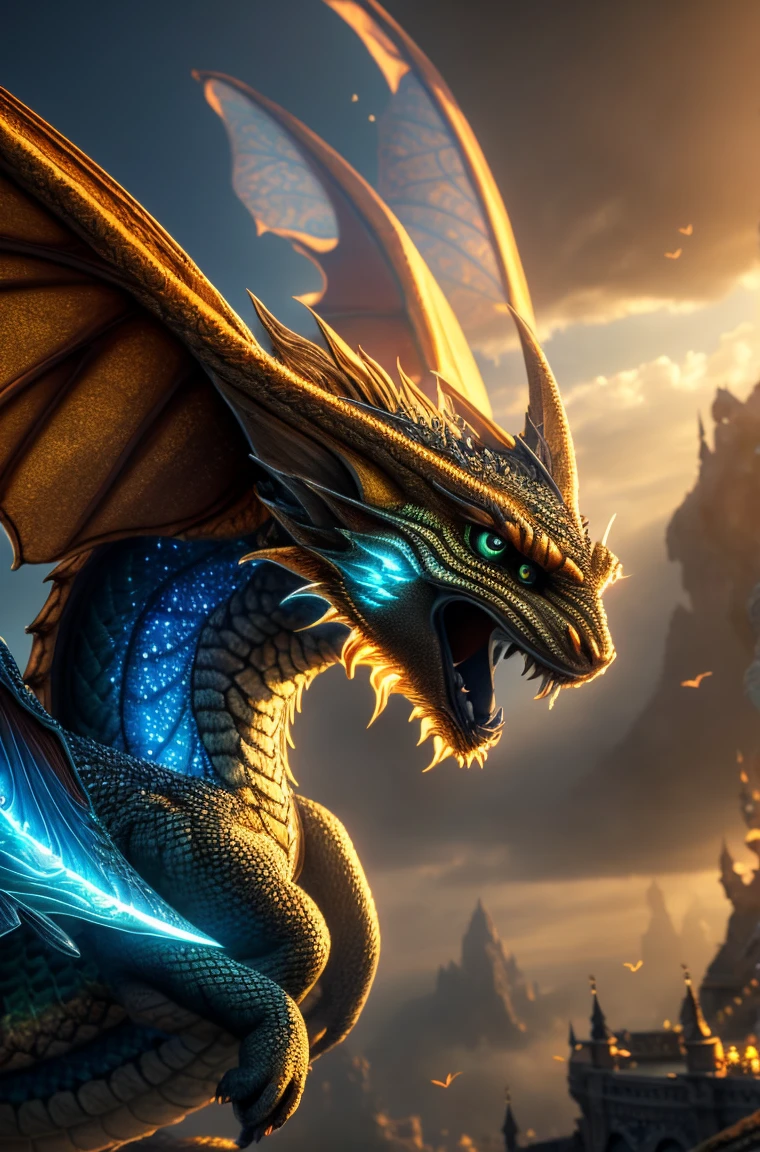 fairy wings on a little cute baby dragon with mesmerizing feature butterfly ethereal wings masterpiece, top quality, best quality, official art, beautiful and aesthetic:1.2), (1dragon), extreme detailed,(fractal art:1.3), colorful, highest detailed, (masterpiece, best quality:1.3) 1 bright-amber, blue, green cat like-eyes, professional digital painting, Unreal Engine 5. playful teasing expression, finely detailed eyes, happy mood, epic scene, epic composition, Cinematic Lighting, Volumetric Lighting, ethereal light, intricate details, extremely detailed volumetric rays. oil painting, Detailed facial features, Sunlight, bright colors, dramatic lighting, expressive eyes, High Resolution, 4K quality, Photorealistic