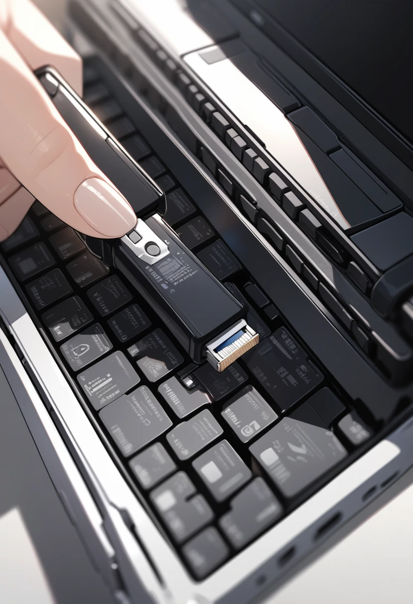 ((background only)),masterpiece, best quality, extremely detailed, ultra detailed, flat anime, 2D, close-up of a hand, inserting a USB flash memory into a laptop's USB port, laptop keyboard is visible, the USB flash memory has a black casing,
