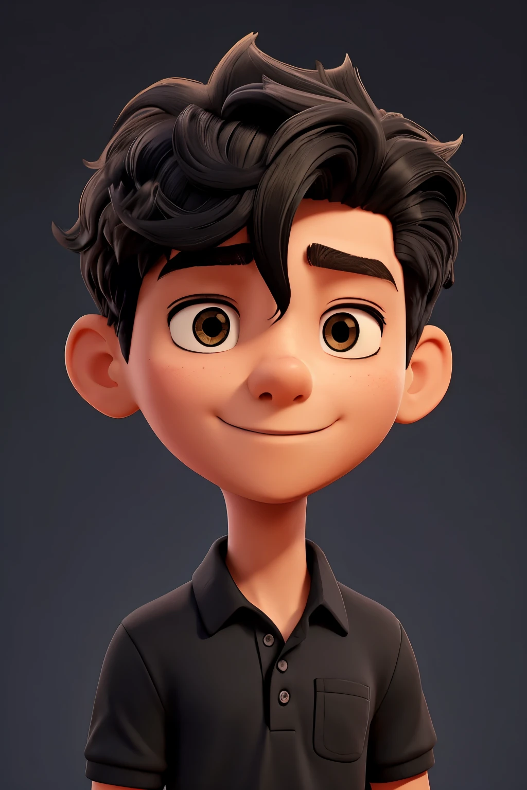 Short haired boy, black, (software developer), hair to the side, glad, in black polo shirt