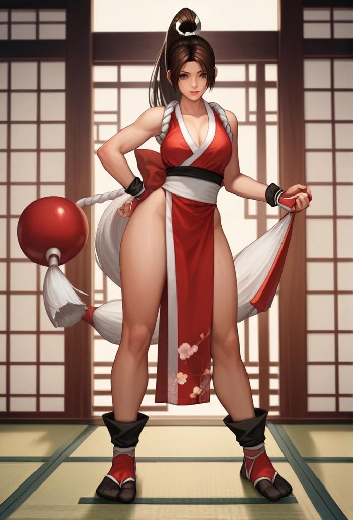 mai shiranui, Brown eyes, The whole body is reflected,Toes are visible, Standing, Full body, Prestige, Long hair, Brown hair, White ribbon, Sleeveless, poneyTail, sash, pelvis curtain, arm guards, mitts, tabi, fascinated expression, Sexy eyes, medium breasts, Smile, Cute, view the viewer, Long hair, Close to Japan temple, (breasts focus:1.2), (Realistic:1.2), (Full Shot: 1.2), (Realism), (masutepiece:1.2), (Best Quality), (ultra-detailliert), (8K, 4K, Convoluted), (85 mm), light Particle, Lighting, (Highly detailed:1.2), (Detailed face:1.2), (gradients), SFV, Colorful, (Detailed eyes:1.2), (Detailed temples of Japan: 1.2),(Detailed background), (Dynamic Angle:1.2), (Dynamic Pose:1.2), (Line of action:1.2), Wide Shot, Daylight, Solo.
