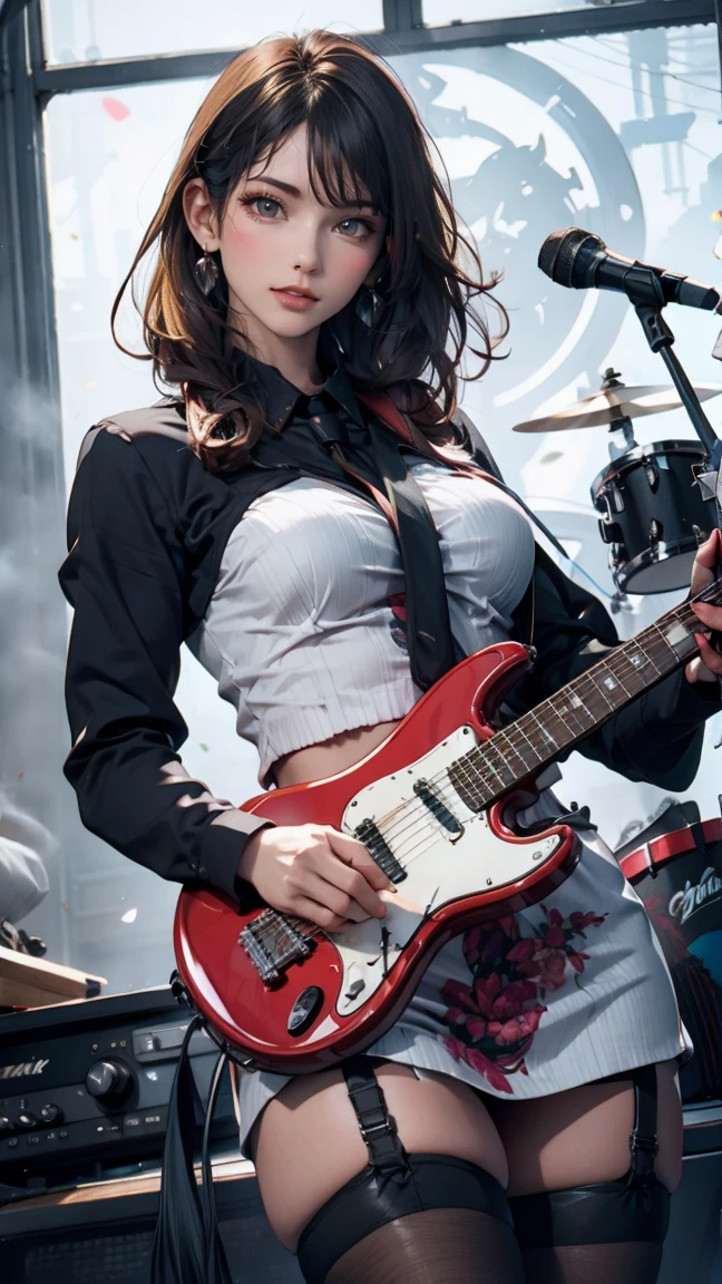 Highest quality,masterpiece,Ultra-high resolution,(Photo realistic:1.4),One Girl,View your audience,Japanese women,garter belt、Garter Stockings、punk、Three Women、Rock Live、Electric guitar、base、drum