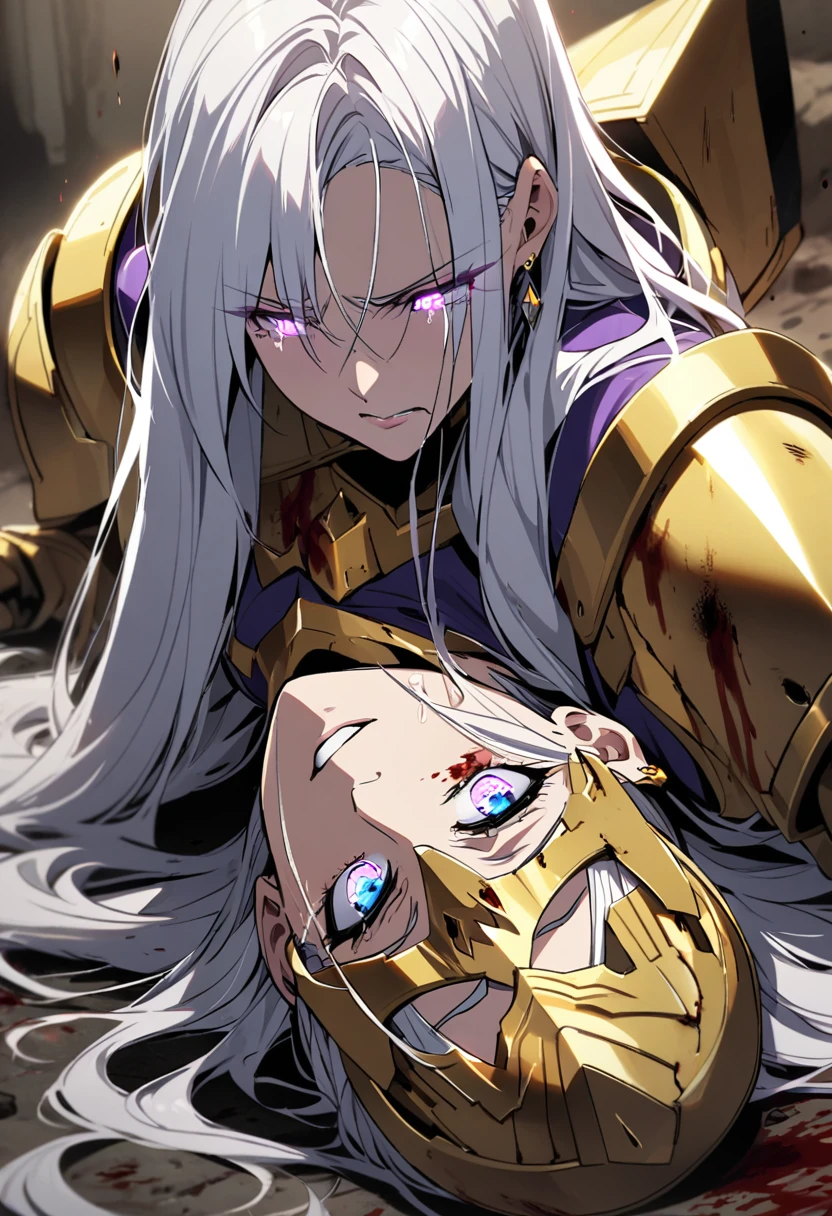 woman, blue eyes, long hair, white hair, mature, god eyes, diamond earings, glowing right eyes, two colors eyes, purple eyes, golden armor, injured, blood, dead, tears, glowing eyes, determination