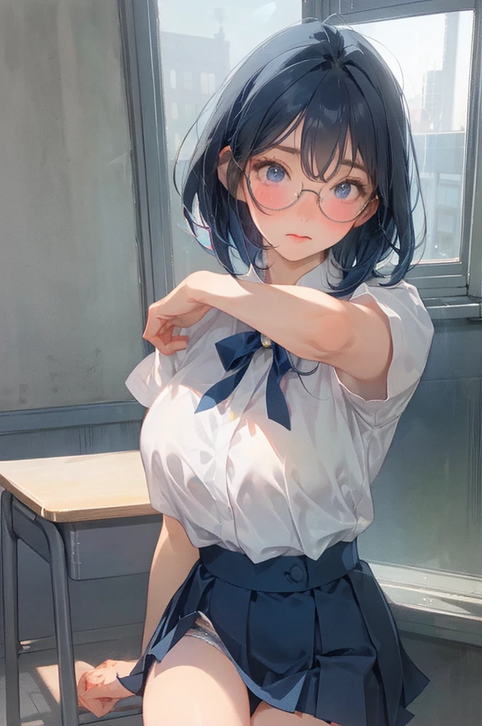 独奏、Big Breasts、(Dark blue pleated skirt Dark blue、Dark blue micro mini skirt dark blue、Sailor suit summer uniform、Short sleeve white shirt、Navy Blue Ribbon)、(Big Breasts、slim、Slimming、Muscular、Beautiful Abs、Bare thighs)、(White, pale pink or pale blue panties、BREAK Panty Drop、Stand with your legs spread wide、Raising his arms、Pussy、Pussyライン、Erotic thighs)、(I opened my mouth slightly、Sexy look、Blushing)、(Kyoto Animation Style、Dark blue shorthair、(Dark blue hair:1.7)、Blunt bangs、Hair between the eyes、Clear Eyes、Dark Eyes、Black-rimmed glasses)、NSFW、high school girl、high school、classroom、