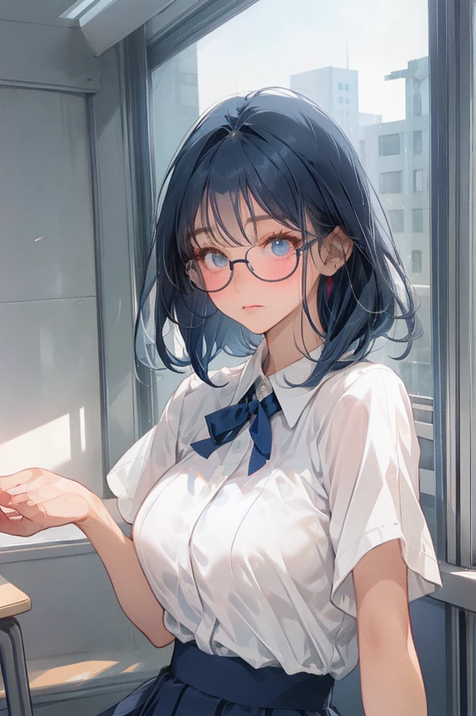 独奏、(Dark blue pleated skirt Dark blue、Dark blue micro mini skirt dark blue、Sailor suit summer uniform、Short sleeve white shirt、Navy Blue Ribbon)、(Big Breasts、slim、Slimming、Muscular、Beautiful Abs、Bare thighs)、(White, pale pink or pale blue panties、BREAK Panty Drop、Stand with your legs spread wide、Raising his arms、Pussy、Pussyライン、Erotic thighs)、(I opened my mouth slightly、Sexy look、Blushing)、(Kyoto Animation Style、Dark blue shorthair、(Dark blue hair:1.7)、Blunt bangs、Hair between the eyes、Clear Eyes、Dark Eyes、Black-rimmed glasses)、NSFW、high school girl、high school、classroom、