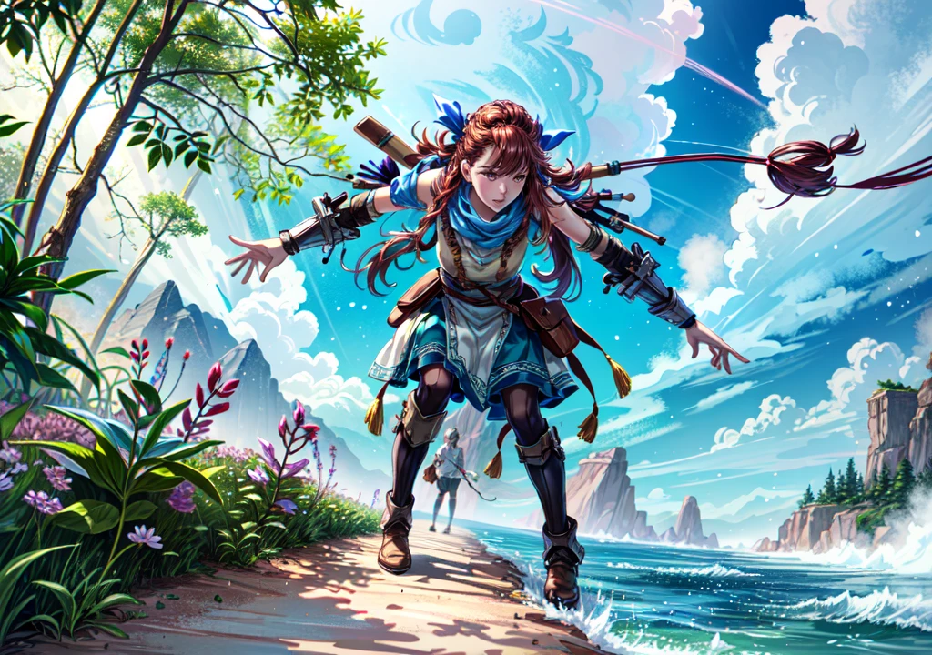 Aloy, fighting machines, aiming with a bow, showing armpits, red head, pretty face, focus, full body,
