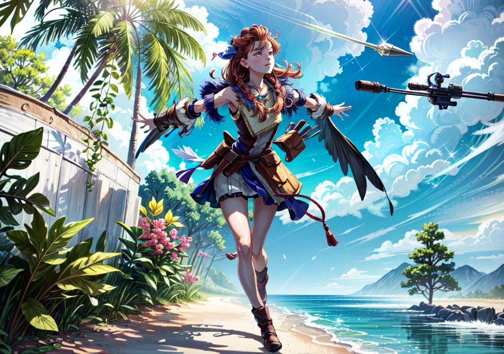 Aloy, fighting machines, aiming with a bow, showing armpits, red head, pretty face, focus, full body,