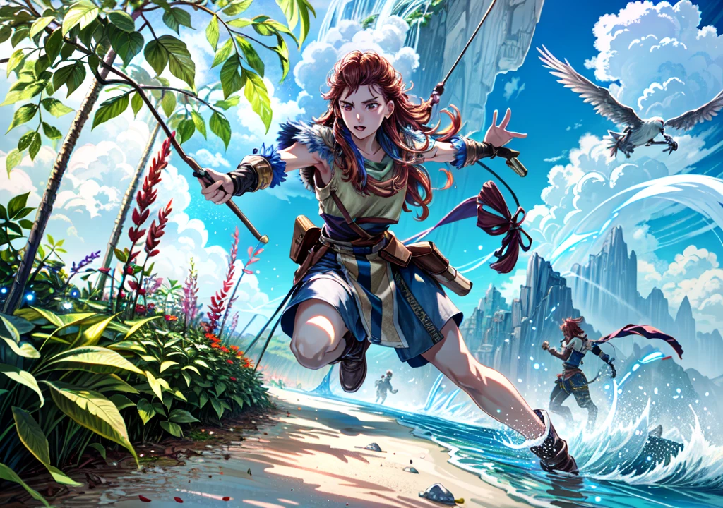 Aloy, fighting machines, aiming with a bow, showing armpits, red head, pretty face, focus, full body, 
