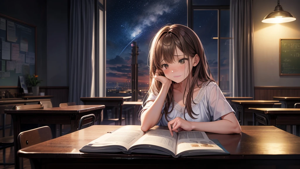 masterpiece, best quality, high quality, detailed, ultra detailed, hyper detailed, insanely detailed, exquisite, beautiful, FHD, Full-HD, 4K, 8K, 16K, highres, absurdres, a girl, sad, crying, streaming tears, wiping tears, looking down, semi long, brown hair, brown eyes, pale skin, , Sad Scene, in the classroom, with a starry sky, with a nebula, in the evening, beautiful