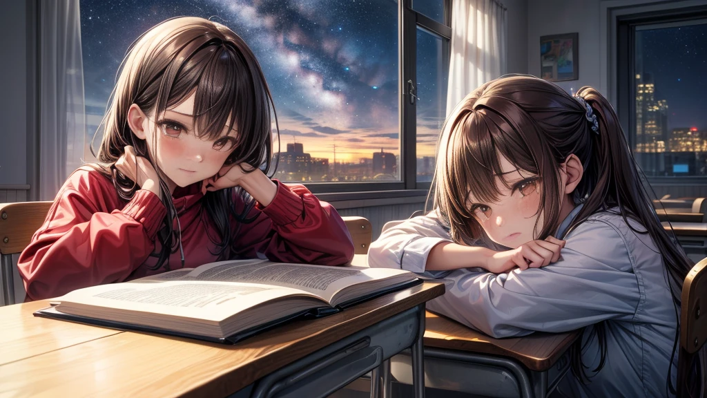 masterpiece, best quality, high quality, detailed, ultra detailed, hyper detailed, insanely detailed, exquisite, beautiful, FHD, Full-HD, 4K, 8K, 16K, highres, absurdres, a girl, sad, crying, streaming tears, wiping tears, looking down, semi long, brown hair, brown eyes, pale skin, , Sad Scene, in the classroom, with a starry sky, with a nebula, in the evening, beautiful