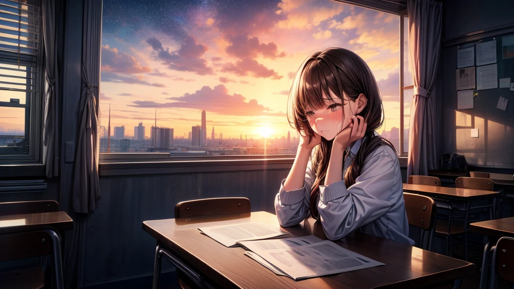 masterpiece, best quality, high quality, detailed, ultra detailed, hyper detailed, insanely detailed, exquisite, beautiful, FHD, Full-HD, 4K, 8K, 16K, highres, absurdres, a girl, sad, crying, streaming tears, wiping tears, looking down, semi long, brown hair, brown eyes, pale skin, , Sad Scene, in the classroom, with a starry sky, with a nebula, in the evening, beautiful