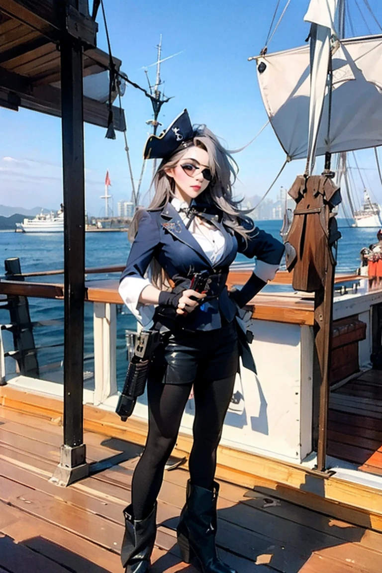 ((Highest quality)), ((masterpiece)), (detailed),(pirate),(Eye patch),(He has a gun),(Standing on the deck of a ship）