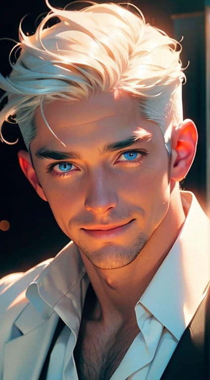 a mature man with short white hair, blue eyes, and a perfect face, smiling in love, CEO, cinematic lighting, 1:4 HDR image, top view, ultra detailed, best quality, masterpiece, 8K, photorealistic, beautiful image