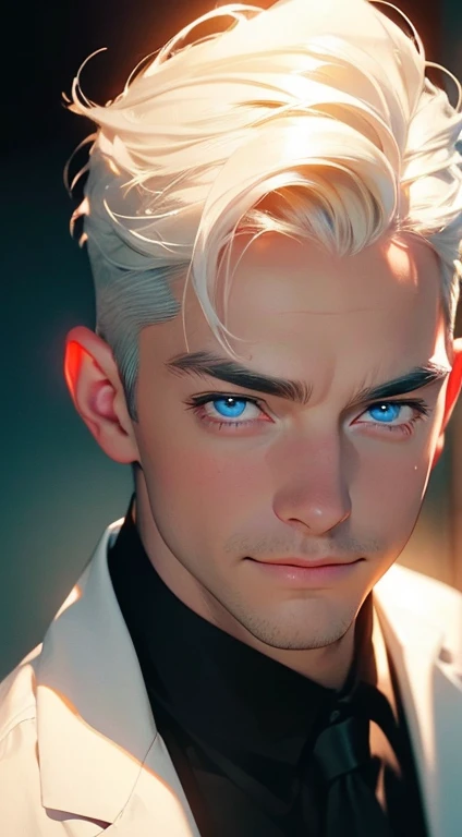 a mature man with short white hair, blue eyes, and a perfect face, smiling in love, CEO, cinematic lighting, 1:4 HDR image, top view, ultra detailed, best quality, masterpiece, 8K, photorealistic, beautiful image
