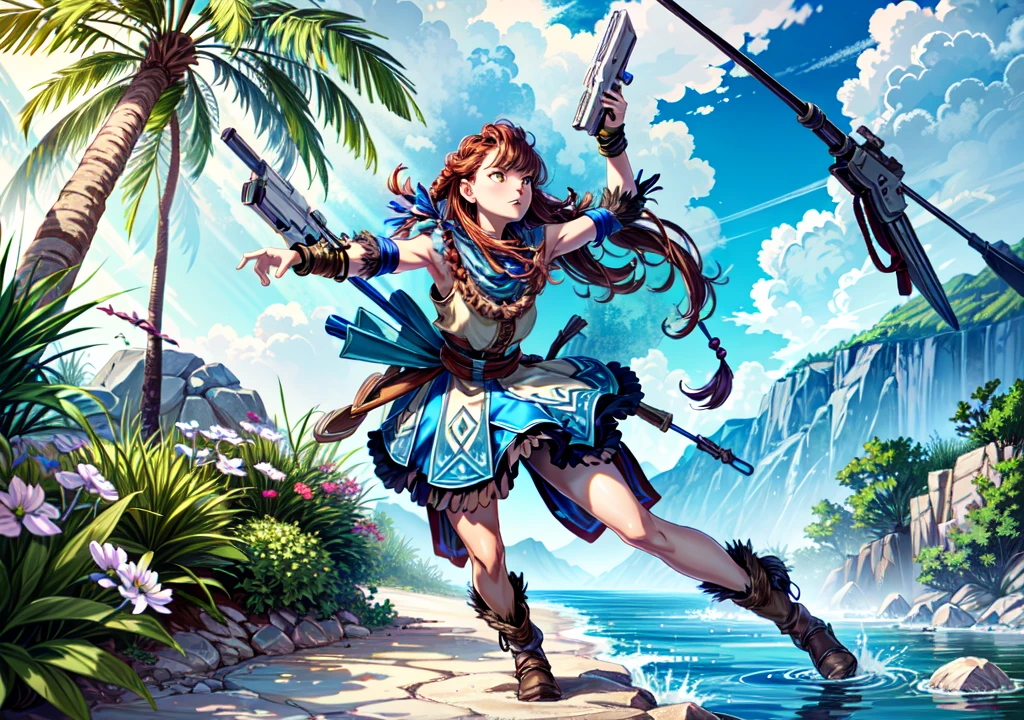 Aloy, fighting machines, aiming with a bow, showing armpits, red head, pretty face, focus, full body, 