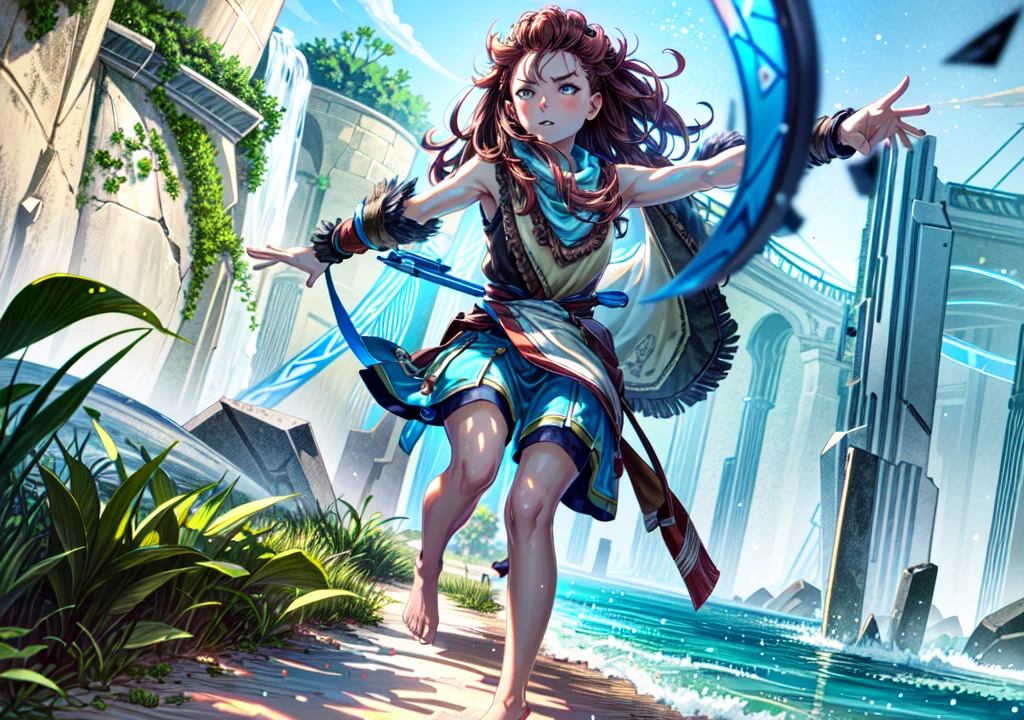 Aloy, fighting machines, aiming with a bow, showing armpits, red head, pretty face, focus, full body, 