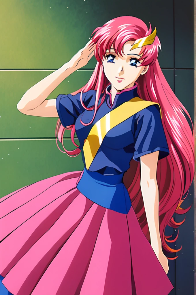 Lacus Clyne,One girl,alone,dress,Pink skirt,Long Hair,Long skirt,Short sleeve,Blue Eyes,Pink Hair,blue eyes,Lips parted,View your viewers,salute,A light smile,1990s \(style\),retro artstyle,