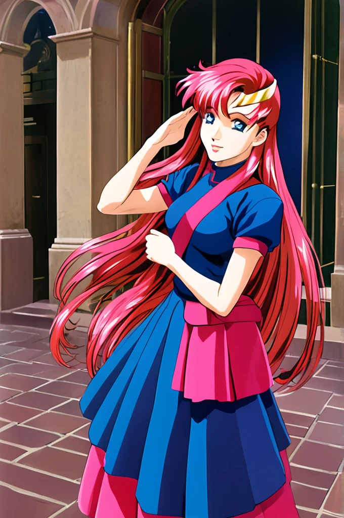 Lacus Clyne,One girl,alone,dress,Pink skirt,Long Hair,Long skirt,Short sleeve,Blue Eyes,Pink Hair,blue eyes,Lips parted,View your viewers,salute,A light smile,1990s \(style\),retro artstyle,